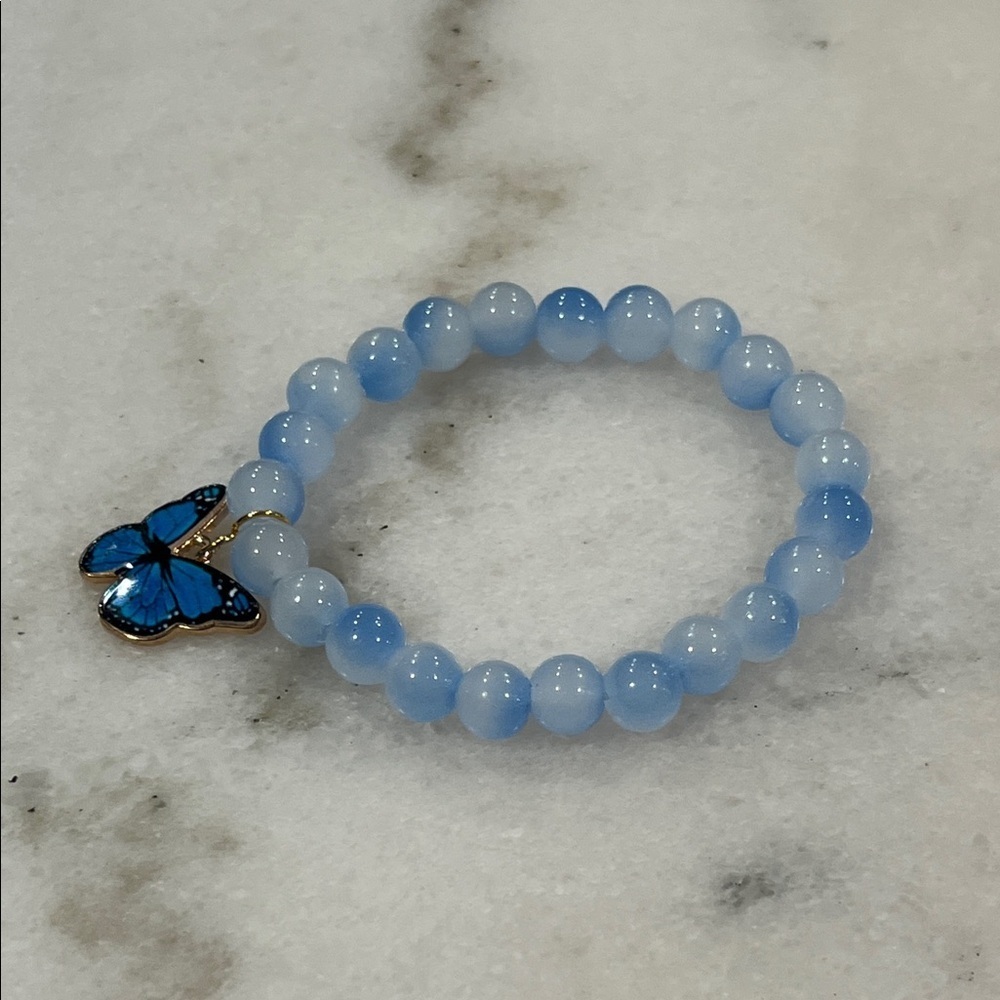 Blue Beaded Bracelet with Butterfly Charm - Picture 2 of 6